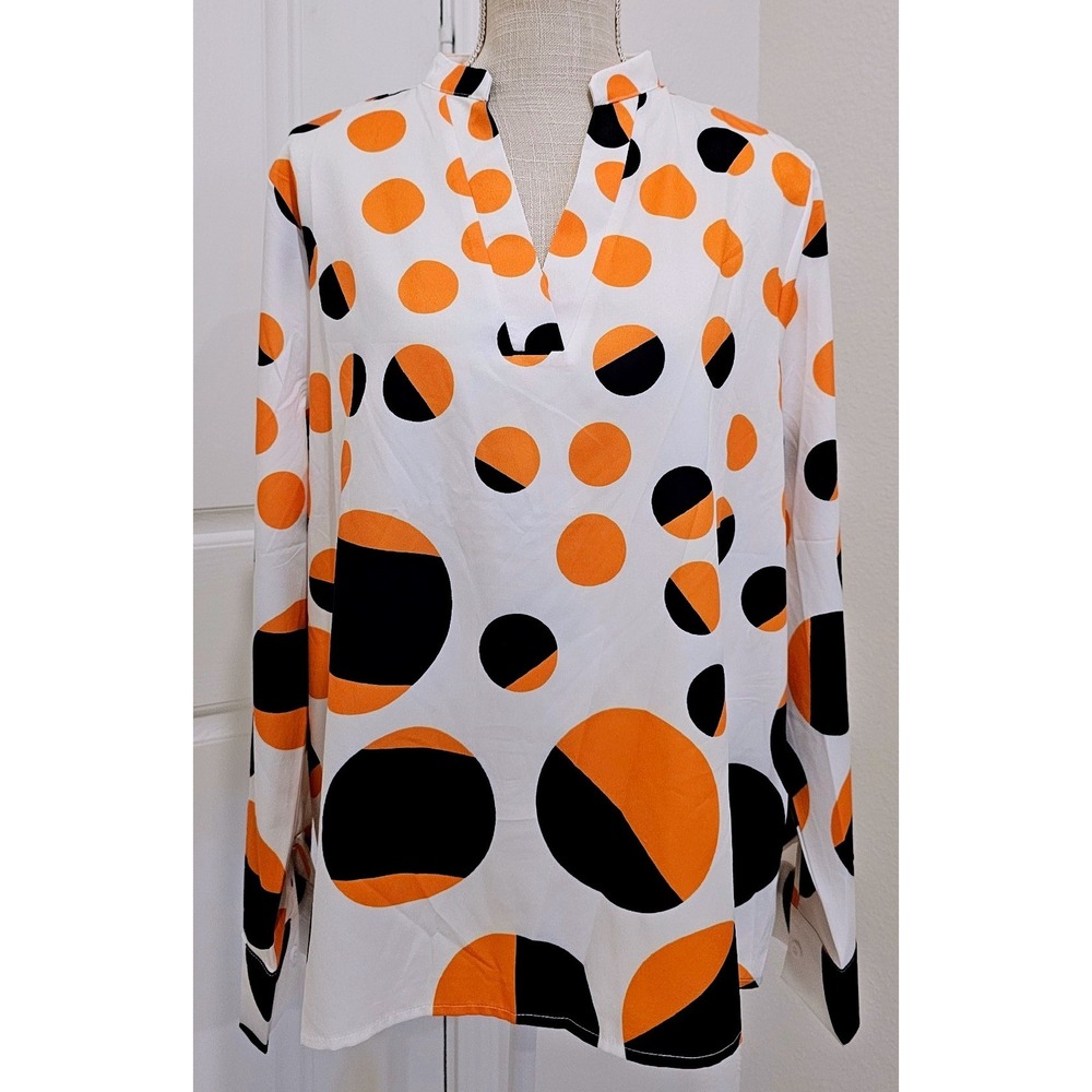 KOANDAILY Orange Black Polka Dot V-Neck Light Blouse Long Sleeve Top Large NWT